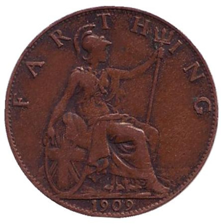 Монета 1 фартинг. 1909 год, Великобритания.