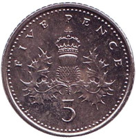 Монета 5 пенсов. 2008 год, Великобритания. Старый тип.