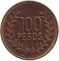 Монета 100 песо. 2010 год, Колумбия. UNC. Монета 100 песо. 2010 год, Колумбия. UNC.