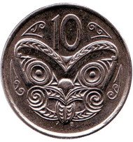 Монета 10 центов. 2002 год, Новая Зеландия. Маска маори.