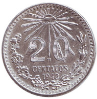 Монета 20 сентаво. 1942 год, Мексика. Монета 20 сентаво. 1942 год, Мексика.