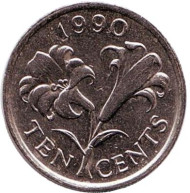 Монета 10 центов. 1990 год, Бермудские острова. Бермудская лилия. Монета 10 центов. 1990 год, Бермудские острова. Бермудская лилия.