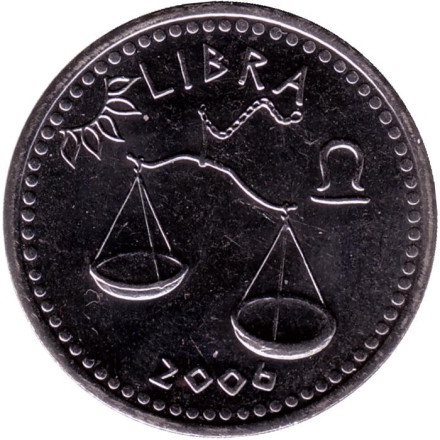 Монета 10 шиллингов. 2006 год, Сомалиленд. Серия "Знаки зодиака". Весы.