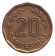 Монета 20 сентесимо. 1976 год, Уругвай. Здание на холме.