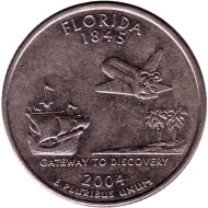 Монета 25 центов (D). 2004 год, США. Флорида. Штат № 27. Монета 25 центов (D). 2004 год, США. Флорида. Штат № 27.