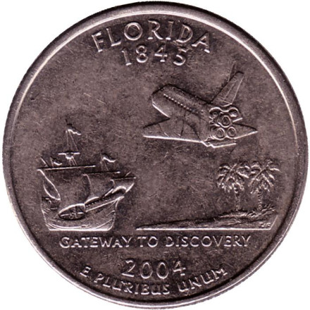 Монета 25 центов (D). 2004 год, США. Флорида. Штат № 27.