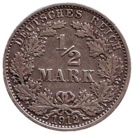 Монета 1/2 марки. 1912 год (A), Германская империя. Монета 1/2 марки. 1912 год (A), Германская империя.