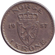 Монета 1 крона. 1957 год, Норвегия. Монета 1 крона. 1957 год, Норвегия.