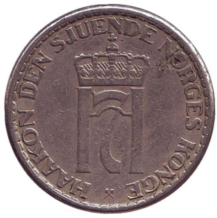 Монета 1 крона. 1957 год, Норвегия.