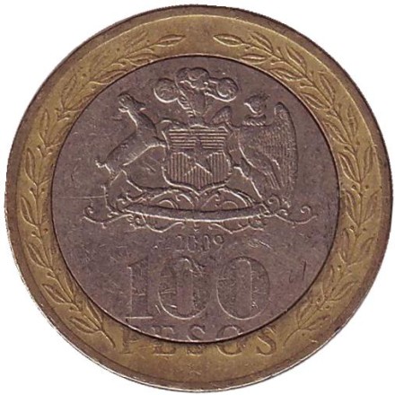 Монета 100 песо. 2009 год, Чили. Индеец Мапуче.