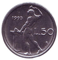 Монета 50 лир. 1995 год, Италия. Бог огня Вулкан у наковальни. Монета 50 лир. 1995 год, Италия. Бог огня Вулкан у наковальни.