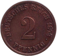 Монета 2 пфеннига. 1873 год (G), Германская империя. Монета 2 пфеннига. 1873 год (G), Германская империя.