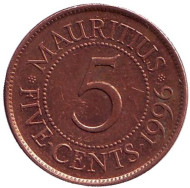 Монета 5 центов, 1996 год, Маврикий. Монета 5 центов, 1996 год, Маврикий.