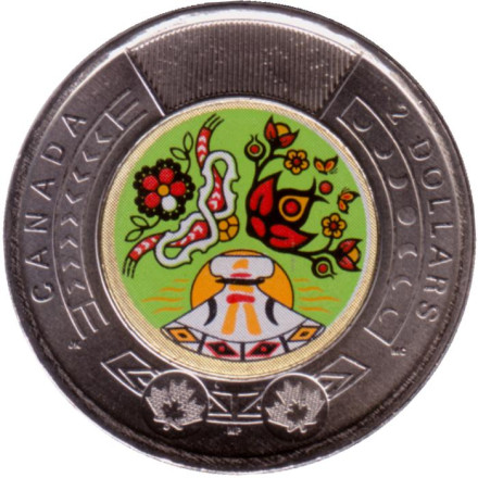 Монета 2 доллара, 2023 год, Канада. (Цветная). День коренных жителей Канады.