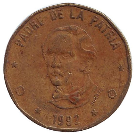 Монета 1 песо. 1992 год, Доминиканская Республика. (Новый тип: "DUARTE" снизу бюста) Пабло Дуарте.