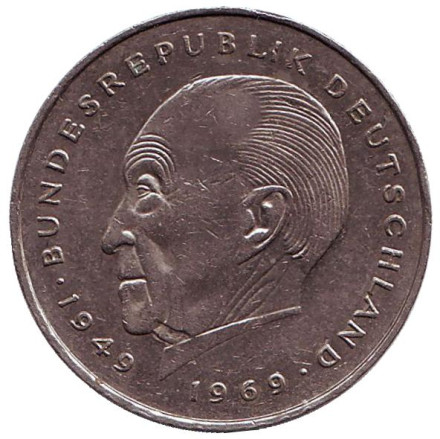 Монета 2 марки. 1986 год (F), ФРГ. Из обращения. Конрад Аденауэр.