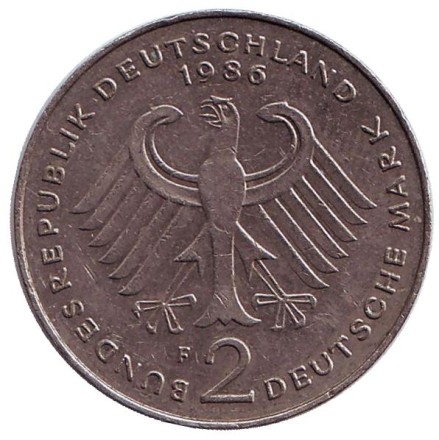 Монета 2 марки. 1986 год (F), ФРГ. Конрад Аденауэр.