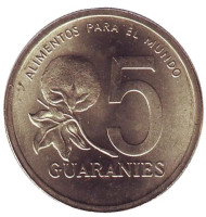 Монета 5 гуарани. 1992 год, Парагвай. FAO. Хлопчатник. Монета 5 гуарани. 1992 год, Парагвай. FAO. Хлопчатник.