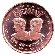 Близнецы. "Знаки зодиака." Монетовидный жетон. Унция меди 999. США.  Близнецы. "Знаки зодиака." Монетовидный жетон. Унция меди 999. США.