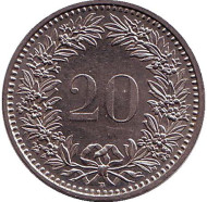 Монета 20 раппенов. 1988 год, Швейцария. Монета 20 раппенов. 1988 год, Швейцария.