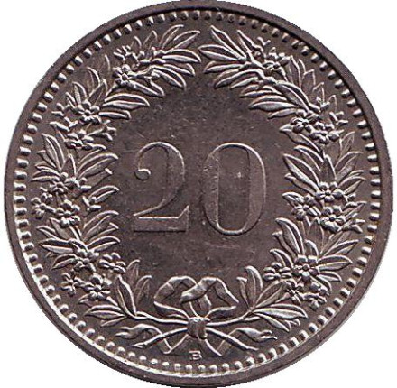 Монета 20 раппенов. 1988 год, Швейцария.