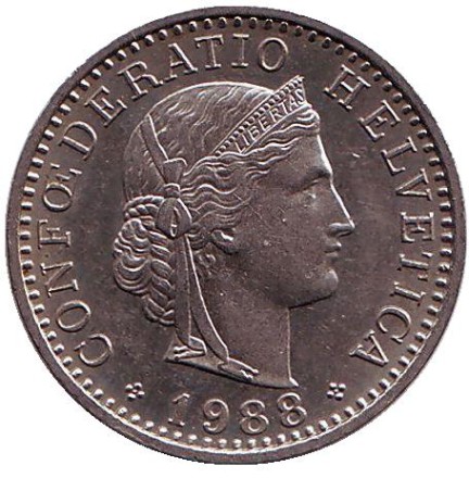 Монета 20 раппенов. 1988 год, Швейцария.