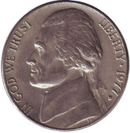 Монета 5 центов. 1977 год (D), США. Джефферсон. Монтичелло. Монета 5 центов. 1977 год (D), США. Джефферсон. Монтичелло.