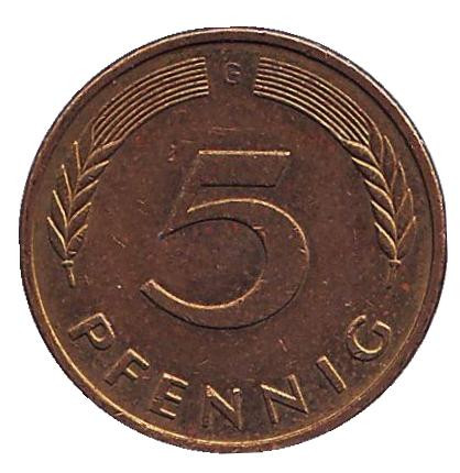 Монета 5 пфеннигов. 1987 год (G), ФРГ. Дубовые листья.