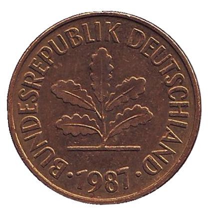 Монета 5 пфеннигов. 1987 год (G), ФРГ. Дубовые листья.