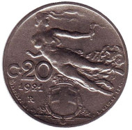 Монета 20 чентезимо. 1921 год, Италия. Монета 20 чентезимо. 1921 год, Италия.