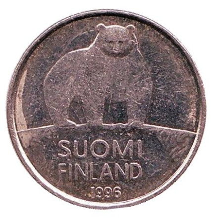 Монета 50 пенни. 1996 год, Финляндия. Из обращения. Медведь.