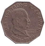 Монета 2 песо. 1991 год, Филиппины. Столетие национального движения - Эльпидио Ривера Кирино.