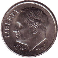 Монета 10 центов. 2003 (P) год, США. Рузвельт. Монета 10 центов. 2003 (P) год, США. Рузвельт.