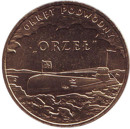 Монета 2 злотых, 2012 год, Польша. Подводная лодка "Орел".