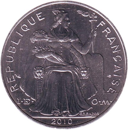 Монета 5 франков. 2010 год, Новая Каледония. UNC. Птица кагу.