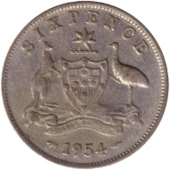 Монета 6 пенсов. 1954 год, Австралия. Монета 6 пенсов. 1954 год, Австралия.