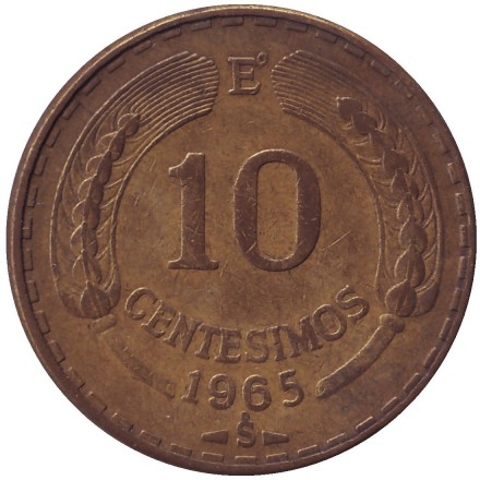 Монета 10 чентезимо. 1965 год, Чили. Кондор. Монета 10 чентезимо. 1965 год, Чили. Кондор.