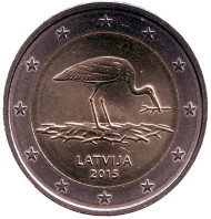 Монета 2 евро. 2015 год, Латвия. Черный аист. Монета 2 евро. 2015 год, Латвия. Черный аист.