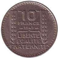 Монета 10 франков. 1949 год, Франция. Монета 10 франков. 1949 год, Франция.