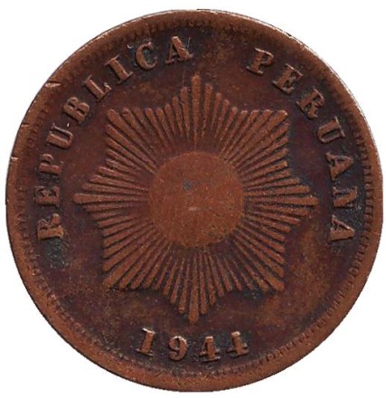 Монета 2 сентаво. 1944 год, Перу. Монета 2 сентаво. 1944 год, Перу.