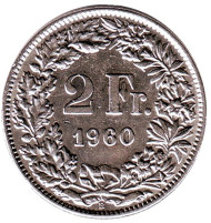 Монета 2 франка. 1960 год, Швейцария. Гельвеция.