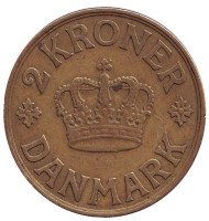 Монета 2 кроны. 1939 год, Дания. Кристиан X. Монета 2 кроны. 1939 год, Дания. Кристиан X.