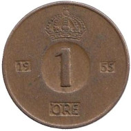Монета 1 эре. 1955 год, Швеция.(TS) Монета 1 эре. 1955 год, Швеция.(TS)