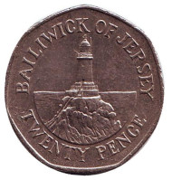 Монета 20 пенсов. 1990 год, Джерси. Маяк в Ла-Корбьере. Монета 20 пенсов. 1990 год, Джерси. Маяк в Ла-Корбьере.