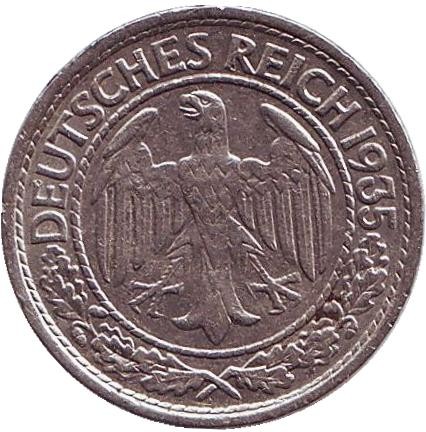 Монета 50 рейхспфеннигов. 1935 год (A), Веймарская республика. Монета 50 рейхспфеннигов. 1935 год (A), Веймарская республика.