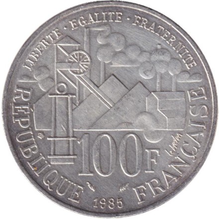 Монета 100 франков. 1985 год, Франция. 100 лет со дня выхода романа Эмиля Золя «Жерминаль».