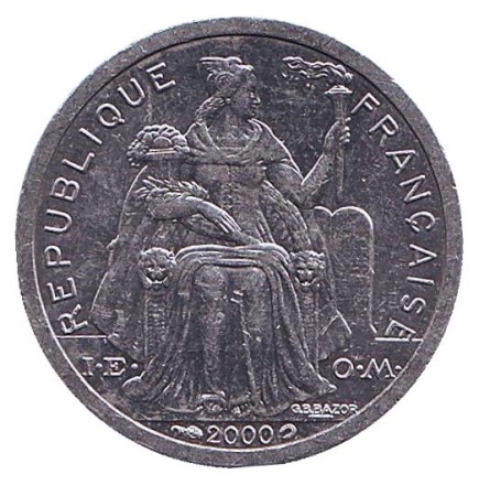 Монета 1 франк. 2000 год, Новая Каледония. Птица кагу. Монета 1 франк. 2000 год, Новая Каледония. Птица кагу.