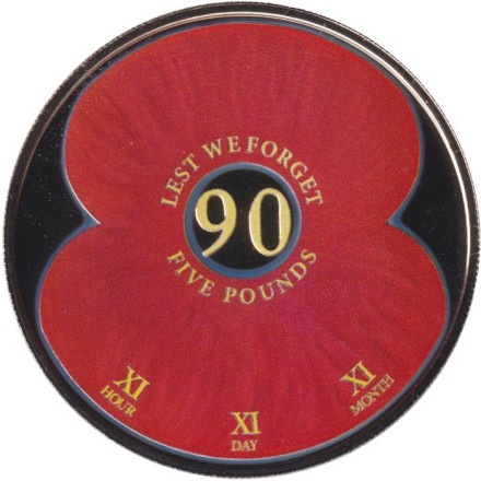 Монета 5 фунтов. 2011 год, Джерси. 90 лет Первой мировой войне. Мак.