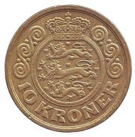 Монета 10 крон. 1999 год, Дания.