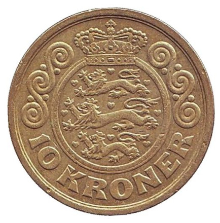 Монета 10 крон. 1999 год, Дания.